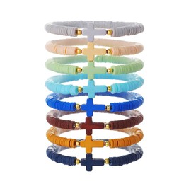 RTY 8pcs Cross Polymer Clay Bracelet Bulk for Women Men Rainbow Color Acrylic Cross Bracelet Cross Handmade Inspiration Christian Bracelet Friendship Bracelet for Women (Morandi color)