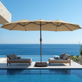 wikiwiki 15ft Large Patio Umbrellas with Base Included, Outdoor Double-Sided Umbrella with Crank Handle, Powerful UV Protective, for Pool Lawn Garden, Tan