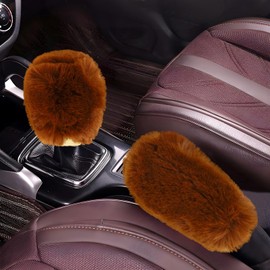 Hovom 2PCS Fluffy Car Gear Shift Knob Cover & Handbrake Cover, Soft Plush Hand Brake Handle & Gear Shift Cover for Women Girls, Universal Comfortable Warm Furry Car Accessories (Brown)