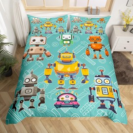 Cartoon Robot Duvet Cover Single Size,Colorful Intelligent Machine Graffiti Comforter Cover for Adults Kids Bedroom Decor,Kids Boys Teal Decorative Breathable Bedding Set 1 Pillowcase,No Comforter