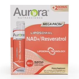 Aurora Nutrascience, Mega-Liposomal NAD+/Resveratrol, Gluten Free, Non-GMO, Sugar Free, Organic Fruit Flavor, 32 Single Serve Packets, 21.7 oz (640 mL)