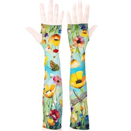 Bebomne Farmers Defense Gardening Sleeves for Women Thorn Proof Sun Protective Cooling Arm Sleeves for Garden Sports, Yellow Daisies and a Butterfly - Blue Background, Large