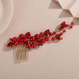 Teyglen Red Crystal Bride Wedding Hair Comb with Rhinestone Headpiece Bridal Crystal Pearl Hair Comb Wedding Hair Accessories for Women Handmade Hair Piece(Red)