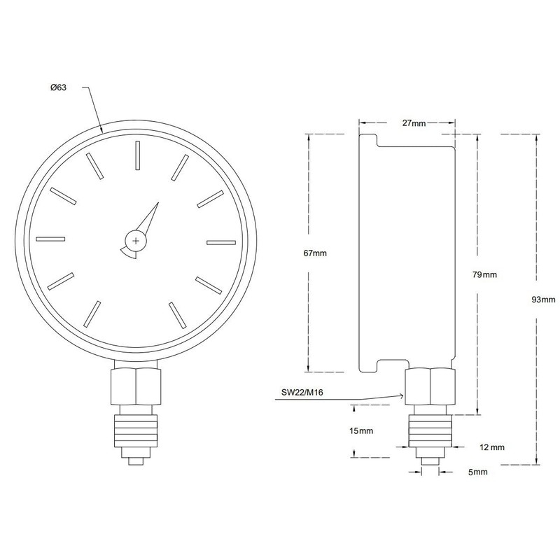 Hansfelds Pressure Gauge 0-60 Bar/PSI 63mm Dial Liquid Filled 1/4"