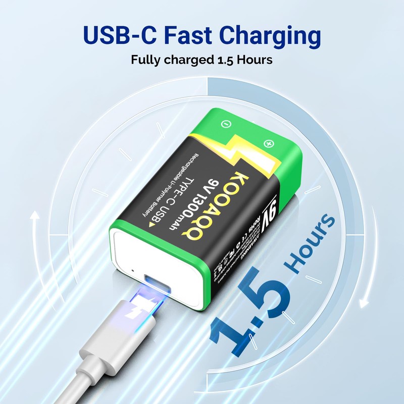 KOOAQQ 2-Pack Rechargeable 9v Batteries, USB-C Recharge with 2 in