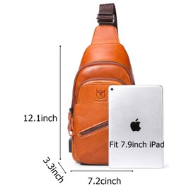 BULLCAPTAIN Mens Leather Sling Bag Backpack Casual Outdoor Shoulder Crossbody Chest Bag with USB Charging Port (Yellow brown)