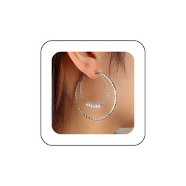 Yienate Boho Pearl Hoop Drop Earrings Silver Double Round Hoop Dangle Earrings Wedding Bridal Pearl Pearl Drop Earrings Statement Hollow Circle Pearl Earrings Jewellery For Women