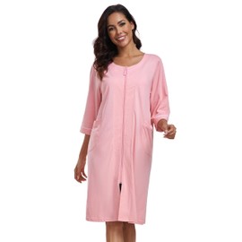 COLORFULLEAF Women's Bathrobe with Zip Lightweight Dressing Gown 100% Cotton House Coat 3/4 Sleeve Nightdress with Pockets, pink