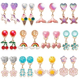 ERDOGLY 12 Pairs Clip on Earrings for Girls, Kids Clip on Earrings for Little Girls Princess Play Jewelry Set, Cute Toddler Stick on Earring for Birthday Party Favor Gifts