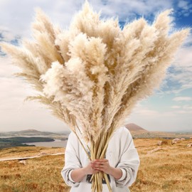 Tigeen 80 Stems Natural Dried Pampas Grass Decor, Large Pampas Grass for Tall Floor Vase, Natural Beige Pompas, Dried Flower Bouquet for Wedding, Party, Farmhouse, Boho Home Decor, 40 Inch