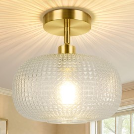 ROTTOGOON Semi Flush Mount Ceiling Light, Adjustable Hanging Gold Sloped Ceiling Lights with Clear Glass Shade Modern Hallway Light Fixtures for Kitchen Bathroom Entryway Bedroom (Bulb Not Included)