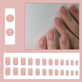 24Pcs False Nails Short Almond, French Tips Press on Nails Nude Pink Fake Nails with Glue Stickers, Reusable Ballerina Acrylic Full Cover Stick on Nails for Women Girls Nail Art Accessories