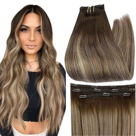 Full Shine Hair Extensions for Women Balayage Lace Weft Clip in Hair Extensions Color 4/24/4 Human Hair Clip in Human Hair Extensions 3 Pieces 12 Inch Hair Extensions 60 Grams