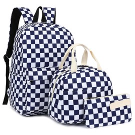 Yusudan Checkered Girls School Backpack, 3 in 1 Set Kids Teens School Bag Bookbag with Lunch Bag Pencil Case (Navy Blue)