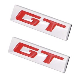 CARRUN 2 Pcs GT Emblem 3D Metal Nameplate Badge Decal Car Side Rear Front Trunk Bumper Badge Sticker For Genesis Ford Mustang (Silver Red)