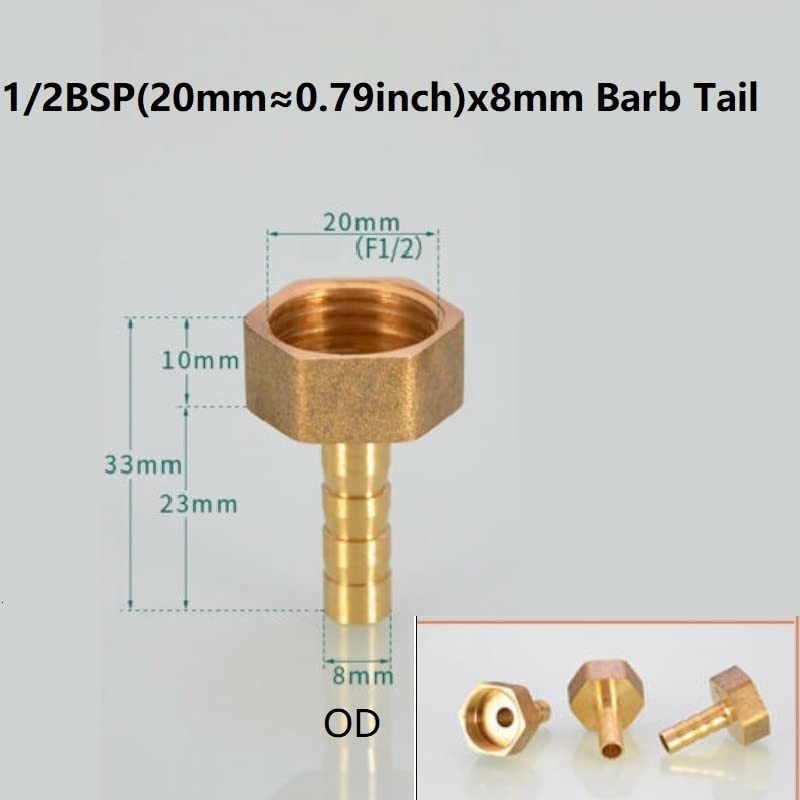 MiJunHD 6X Brass Pipe Fitting 8mm Hose Barb Tail 1/2''