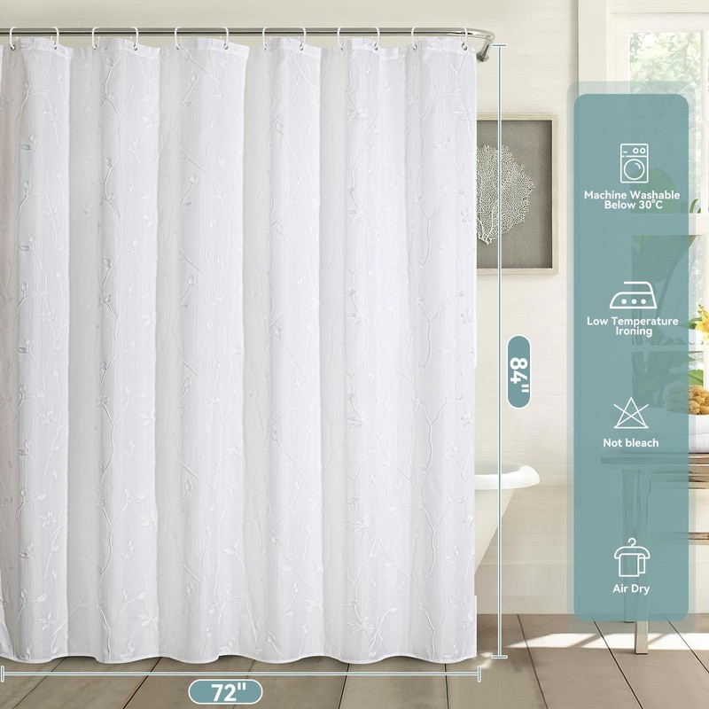 Embroidered Leaf Farmhouse Shower Curtain,Faux Linen,72Wx84L,White