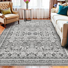 WITSHOCK Boho Grey 6x9 Bedroom Rug: Washable Non-Slip Foldable Soft Low Pile Indoor Rug for Living Room Dining Room Nursery Playroom Home Decor, Vintage Moody Retro Antique Farmhouse Carpet