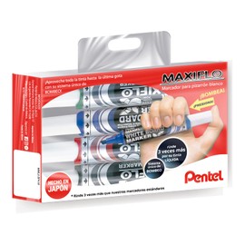Marcador Pentel MaxiFlo para Pizarrón Blanco Tecnología Tinta Continua Blíster Pack con 04 Piezas Color MIX-MWL6BP4-M