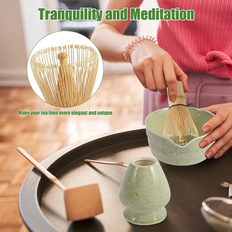 Handcrafted Bamboo Matcha Whisk Set, Ceramic Matcha Bowl with Pouring
