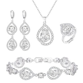 Ever Faith Wedding Bridal Jewellery Set for Bride Bridesmaid, Gorgeous White Pear Shaped Cubic Zirconia Necklace Dangle Drop Earrings Tennis Bracelet Open Ring Set for Women