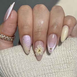 3D Press on Nails Medium Almond OFDNE White French Tip Fake Nails False Nails with Yellow Flower Designs Curve Line Glossy Glue on Nails Acrylic Nails for Women Girls 24Pcs
