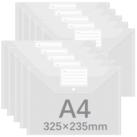 GESDYO 10 Pack A4 Plastic Folders Document Files Envelope Clear Plastic Wallets Plastic Popper Wallets with Label Pocket and Snap Button Suitable for Document Storage at School, Work and Home