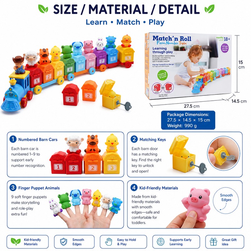 Montessori-Inspired Farm Train Toy for Toddlers – Counting, Matching &