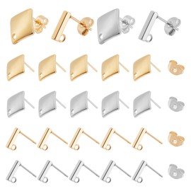 UNICRAFTALE 40 Pieces 2 Styles 2 Colours Stainless Steel Stud Earrings Hypoallergenic Earrings Rhombus Rectangular Earring with Loop and Ear Nuts for DIY Jewellery Making 1.5 ~ 1.8 mm Hole