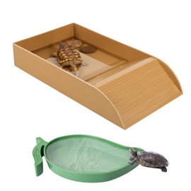 2 Pieces Reptile Bathtub, Reptile Bathtub, Non-Slip Reptile Pool Bowl with Ramp, Bowl with Ramp and Sun Platform for Lizards, Crawlies, Lizards (Brown)