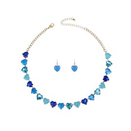 Kercisbeauty Rainbow Blue Rhinestones Heart Chain Choker Necklace with Heart Stud Earrings for Women Special Occasion Jewelry Set (Blue)