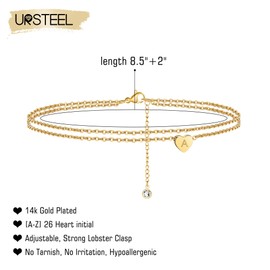 Ursteel Ankle Bracelets for Women, A Initial Anklets 14K Gold Plated Dainty Layered Heart Anklet Letter A Anklets for Women