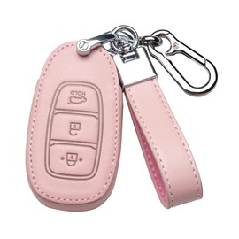ontto Leather Car Key fob Cover fit for Hyundai Palisade I20 I30 IX35 IX25 Grandeur Ig Accent Solaris Sonata Kona Elantra Santa Fe Smart Key case Key Holder Shell Keychain Keyring Accessories Pink A