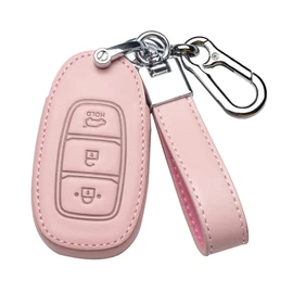 ontto Leather Car Key fob Cover fit for Hyundai Palisade I20 I30 IX35 IX25 Grandeur Ig Accent Solaris Sonata Kona Elantra Santa Fe Smart Key case Key Holder Shell Keychain Keyring Accessories Pink A