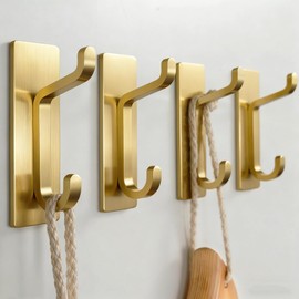 Josmimic Self Adhesive Wall Hooks for Hanging: Extra Strong 13 LB, Hook for Coat, Towel in Bathrooms, Shower, Kitchen, Wall, Door Hook, Brushed Gold 4 Pack