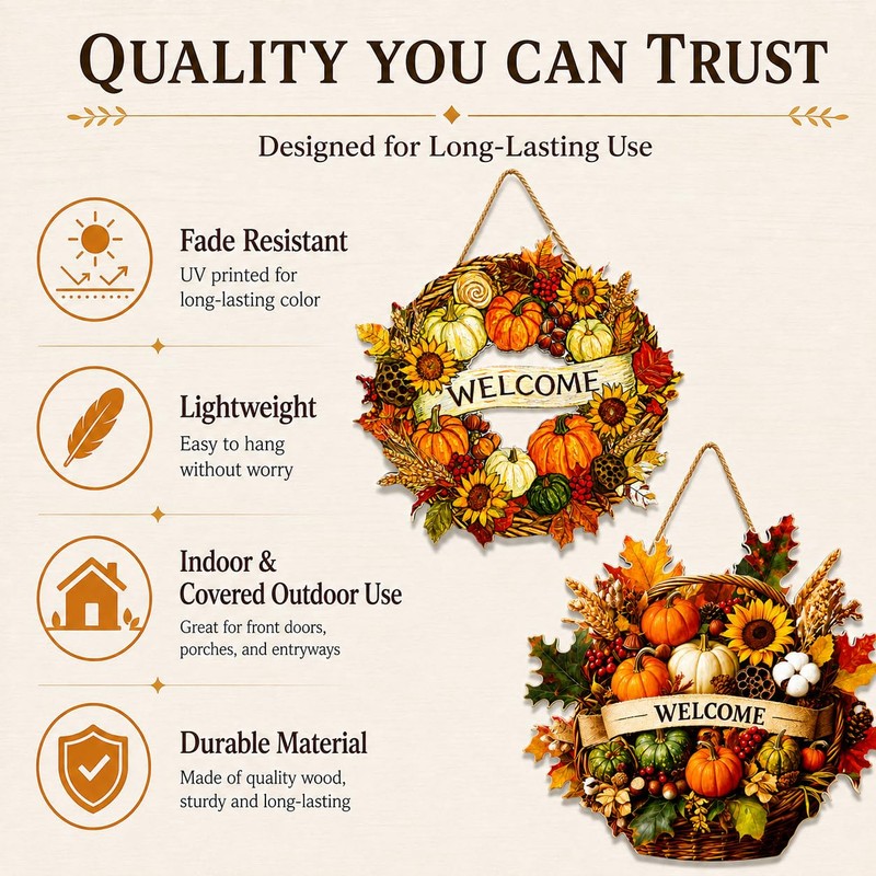 2-Piece Fall Door Decor Set, Welcome Wreath and Harvest Basket