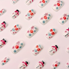 White Press on Nails Square Acrylic Fake Nails Cute Snowman False Nails Glitter Snowflake Designs Short Length Glue on Nail Reusable Winter Christmas Artificial Press on Nail for Women 24Pcs
