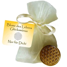 EnerChrom, Flower of Life, Lucky Coin, Gold, Good Luck Charm, Life Flower, Talisman, Gift in Organza Bag