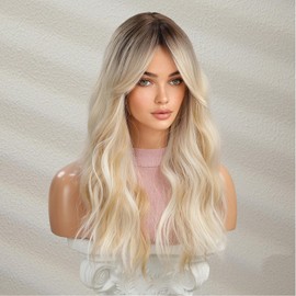 Long Ombre Blonde Wavy Wig for Women 24 Inch Middle Part Curly Wavy Wig Natural Looking Synthetic Heat Resistant Fiber Wig for Daily Party Use (Ombre Blonde)