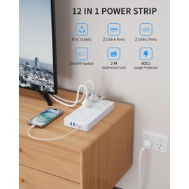 DEPOW Surge Protected Power Board with 8 AC Outlets, Powerboard with USB(2USB-C&2USB-A), 2M Extension Cord, 900J AU Standard Power Strip(2400W/10A), Wall Mount Home Office Accessories, White