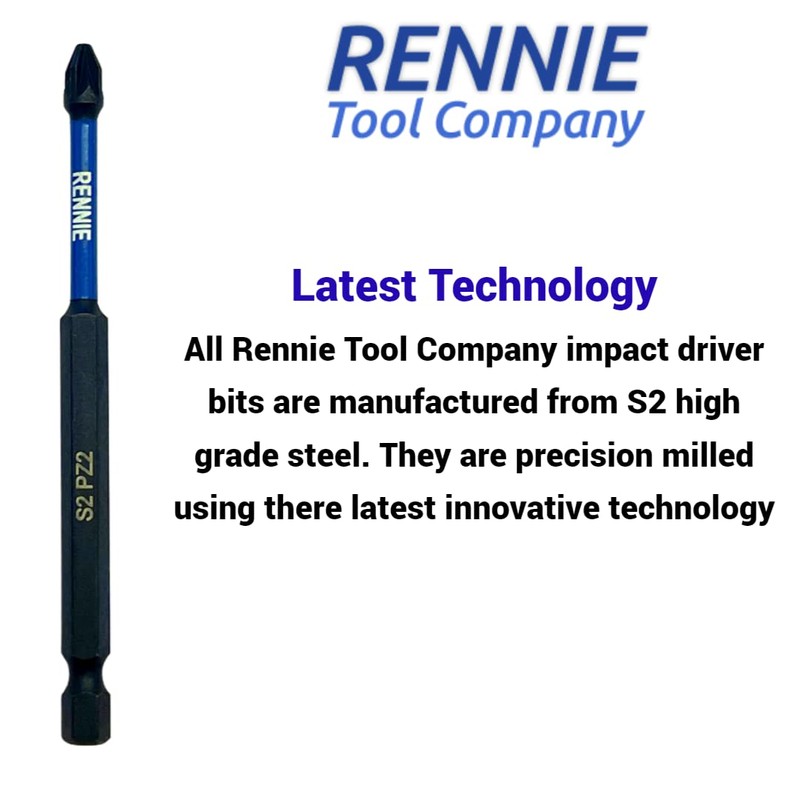 10 x Rennie Tools 100mm Long PZ2 Impact Screwdriver Driver