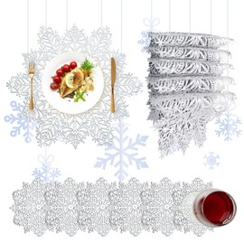 Norhogo 6 pcs SnowFlake Placemats and 6 pcs Coaster Sets, Silver table mats, Christmas Snowflake Placemats, Festival Table Decorations for Christmas, Wedding, Dinner Parties, Restaurant, Hotel, 38cm