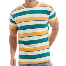 VEIISAR Men's Crewneck Striped T-Shirt Soft Elastic Cotton Tees 57 Yellow White Green S