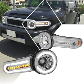 PM PERFORMOTOR LED DRL Sequential Signal Headlights Assembly Compatible with FJ Cruiser 07-14,Chrome Housing/Amber Corner
