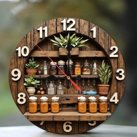 Rustic Wooden Clock Shelf Decor Mason Jar Storage Organizer 10-Inch Wooden Wall Clock, Silent Movement, Battery Operated (AA Batteries Not Included), Artistic Home Decor, Perfect for Home Accents