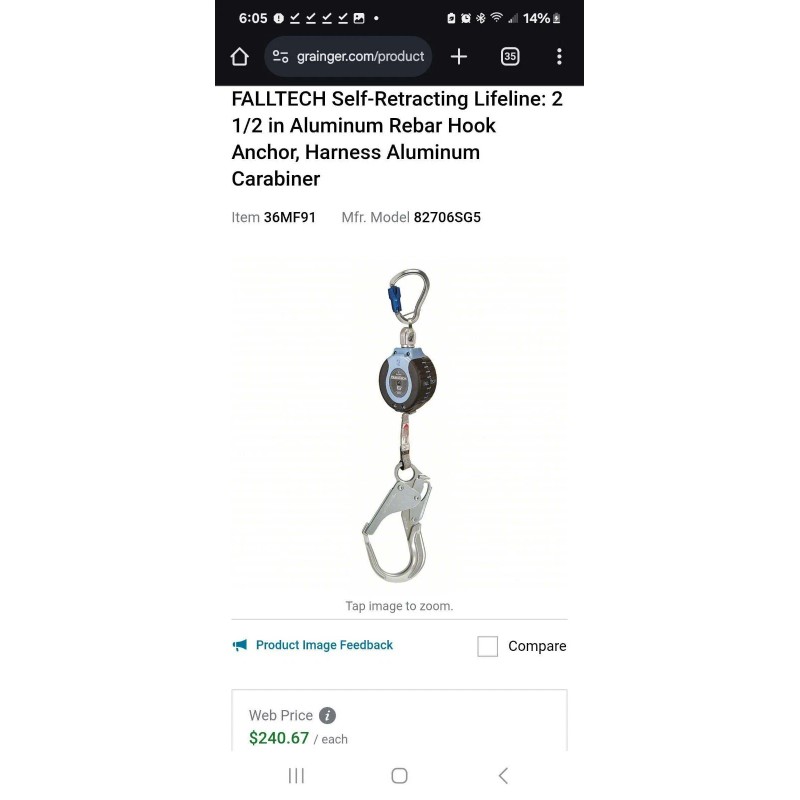 FallTech New Falltech 82706Sg5 Self Retracting Lifeline, 6 Ft., Blue