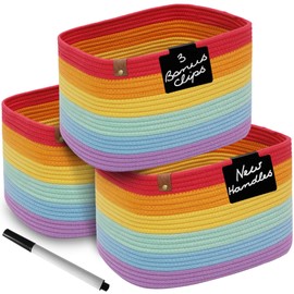 CHAT BLANC Rainbow Cotton Rope Baskets for Organizing | Storage Baskets for Shelves | Rainbow Rope Basket for Storage, Small Laundry Baskets, Woven Baskets for Storage, Dog Toy Bin, Baby Basket, 3Pack