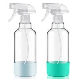 Hethyo Glass Spray Bottles with Silicone Sleeve 16.9oz 2 Pack Empty Spray Bottle for Hair Mist/Stream Spraying for Cleaning Solutions, Plants, Essential Oils (clear-qblue&green)