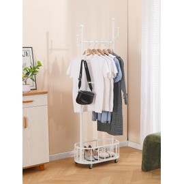 BOOSDEN Metal Clothing Rack with Wheels, Rolling Clothes Racks for Hanging Clothes, Standing Garment Rack with Storage Shelf and 4 Hooks, Clothes Hanger Racks for Bedroom, Closet, Living-room, White