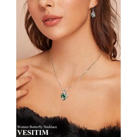Vesitim Infinite Heart Pendant Sterling Silver Butterfly Necklace Created Emerald Jewelry Gift for Women